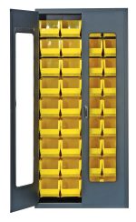 The Quantum Heavy-Duty 36 Bin Cabinet (36W x 18D x 78H) features clear acrylic doors and includes 36 QUS240 yellow bins. Built with a durable, gray powder-coated, 14-gauge all welded construction, its ideal for organizing small parts or tools.