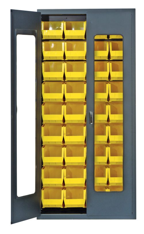 QSC-C240_YL.jpg The Quantum Heavy-Duty 36 Bin Cabinet (36W x 18D x 78H) features clear acrylic doors and includes 36 QUS240 yellow bins. Built with a durable, gray powder-coated, 14-gauge all welded construction, its ideal for organizing small parts or tools.