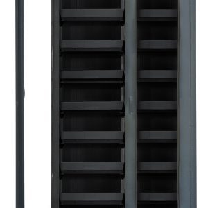 The Quantum Heavy-Duty 36 Bin Cabinet is 78 tall with a clear acrylic door and adjustable shelves, featuring (18) QUS250 black bins. This dark gray powder-coated cabinet boasts a sturdy 14-gauge all-welded construction. Shelves are shown empty.