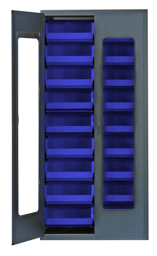 The Quantum Heavy-Duty 36 Bin Cabinet features a gray powder-coated finish with a clear acrylic door, measures 36W x 18D x 78H, and includes (18) QUS250 blue bins for efficient storage and organization.