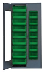 The Quantum Heavy-Duty 36 Bin Cabinet features a gray powder-coated finish, clear acrylic doors, and 18 green bins inside. Measuring 36W x 18D x 78H, its durable all-welded construction provides a stylish and functional storage solution.