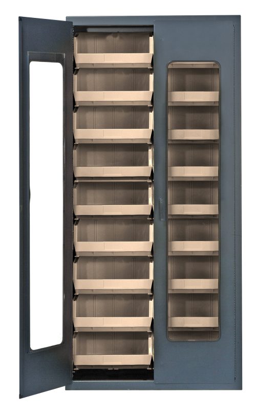 The Quantum Heavy-Duty 36 Bin Cabinet features a clear acrylic door, sturdy 14-gauge all-welded construction, and vertical handles for stylish durability. This 36W x 18D x 78H cabinet includes (18) Qus250 ivory bins and a sleek gray powder-coated finish for organized storage.
