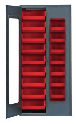 The Quantum Heavy-Duty 36 Bin Cabinet features a clear acrylic door and two columns of vibrant red Qus250 bins. It measures 36W x 18D x 78H, has a durable gray powder-coated finish with 14-gauge all-welded construction, ensuring durability and showcasing its contents efficiently.