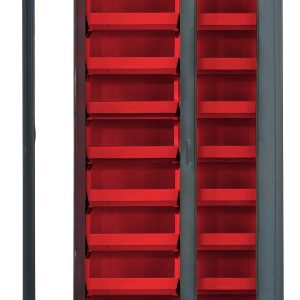 The Quantum Heavy-Duty 36 Bin Cabinet features a clear acrylic door and two columns of vibrant red Qus250 bins. It measures 36W x 18D x 78H, has a durable gray powder-coated finish with 14-gauge all-welded construction, ensuring durability and showcasing its contents efficiently.