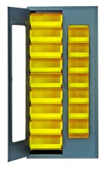The Quantum Heavy-Duty 36 Bin Cabinet features a 36W x 18D x 78H structure with a clear acrylic door revealing rows of (18) Qus250 yellow bins. Its durable, gray powder-coated finish and 14 gauge all-welded construction ensure sturdy use while offering an organized display.