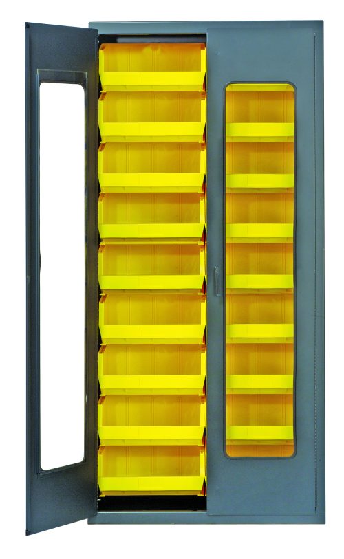 The Quantum Heavy-Duty 36 Bin Cabinet features a 36W x 18D x 78H structure with a clear acrylic door revealing rows of (18) Qus250 yellow bins. Its durable, gray powder-coated finish and 14 gauge all-welded construction ensure sturdy use while offering an organized display.