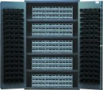 The Quantum Heavy-Duty 48 Bin Cabinet, measuring 48W x 24D x 78H, with a gray powder-coated finish and four shelves, stands open to reveal multiple empty black bins. Its interlocking drawer storage on the doors features gray Qic-122 drawers, adding sleekness to its robust 14-gauge construction.