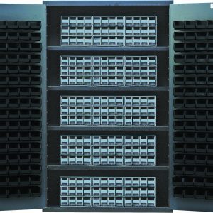 The Quantum Heavy-Duty 48 Bin Cabinet, measuring 48W x 24D x 78H, with a gray powder-coated finish and four shelves, stands open to reveal multiple empty black bins. Its interlocking drawer storage on the doors features gray Qic-122 drawers, adding sleekness to its robust 14-gauge construction.