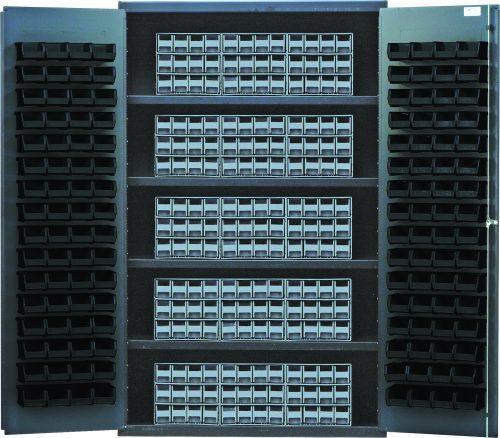 QSC-QIC122_BK.jpg The Quantum Heavy-Duty 48 Bin Cabinet, measuring 48W x 24D x 78H, with a gray powder-coated finish and four shelves, stands open to reveal multiple empty black bins. Its interlocking drawer storage on the doors features gray Qic-122 drawers, adding sleekness to its robust 14-gauge construction.