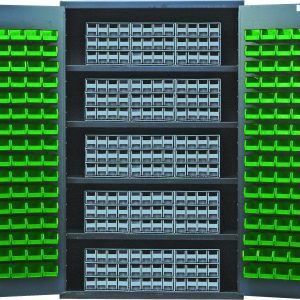 The Quantum Heavy-Duty 48 Bin Cabinet features 14-gauge all-welded construction and dimensions of 48W x 24D x 78H. It includes four shelves with a load capacity of 400 lbs each, accompanied by (15) Qic-122 gray interlocking drawers and (128) Qus210 green bins in a gray powder-coated finish.