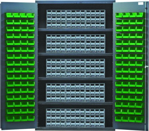 QSC-QIC122_GN.jpg The Quantum Heavy-Duty 48 Bin Cabinet features 14-gauge all-welded construction and dimensions of 48W x 24D x 78H. It includes four shelves with a load capacity of 400 lbs each, accompanied by (15) Qic-122 gray interlocking drawers and (128) Qus210 green bins in a gray powder-coated finish.