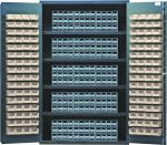 The Quantum Heavy-Duty 48 Bin Cabinet boasts four shelves with a 400 lb. load capacity each and includes (15) gray interlocking drawers and (128) ivory bins. Its 14-gauge all-welded construction offers a stylish, practical storage solution in a sleek gray powder-coated finish.