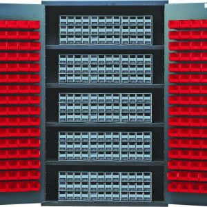 The Quantum Heavy-Duty 48 Bin Cabinet, constructed with 14 gauge all welded material, measures 48W x 24D x 78H and features a gray powder-coated finish. It includes four shelves with fifteen Qic-122 gray interlocking drawers and 128 Qus210 red bins; red bins are on the doors.