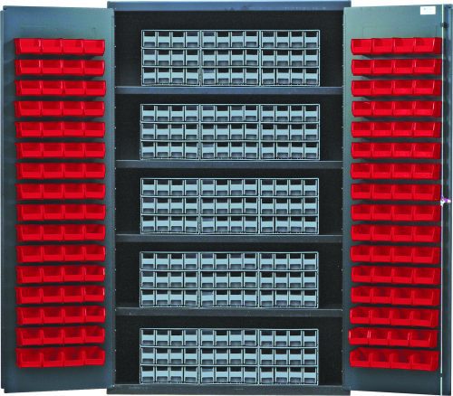 The Quantum Heavy-Duty 48 Bin Cabinet, constructed with 14 gauge all welded material, measures 48W x 24D x 78H and features a gray powder-coated finish. It includes four shelves with fifteen Qic-122 gray interlocking drawers and 128 Qus210 red bins; red bins are on the doors.
