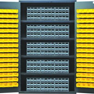 The Quantum Heavy-Duty 48 Bin Cabinet features a sturdy 14-gauge all-welded construction with four shelves, each holding up to 400 lbs. It includes interlocking drawer storage inside the doors, lined with 15 gray drawers and 128 yellow bins, ideal for efficient tool or small item organization.