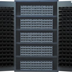 The Quantum Heavy-Duty 48 Bin Cabinet features 14-gauge welded construction, a black metal exterior with open double doors, and a gray powder-coated finish. Inside are 15 gray interlocking drawers and 128 black bins organized on four shelves, perfect for tool or parts storage.