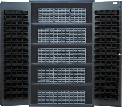 QSC-QIC161_BK.jpg The Quantum Heavy-Duty 48 Bin Cabinet features 14-gauge welded construction, a black metal exterior with open double doors, and a gray powder-coated finish. Inside are 15 gray interlocking drawers and 128 black bins organized on four shelves, perfect for tool or parts storage.