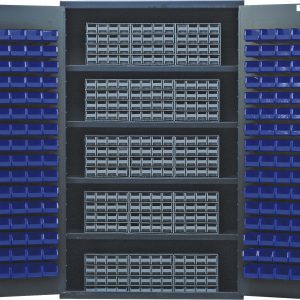 The Quantum Heavy-Duty Bin Cabinet, 48W x 24D x 78H, features a robust design with four shelves each supporting up to 400 lbs. It includes 15 gray interlocking drawers and 128 blue bins for organized storage, all encased in a gray powder-coated finish.