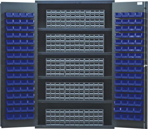 The Quantum Heavy-Duty Bin Cabinet, 48W x 24D x 78H, features a robust design with four shelves each supporting up to 400 lbs. It includes 15 gray interlocking drawers and 128 blue bins for organized storage, all encased in a gray powder-coated finish.