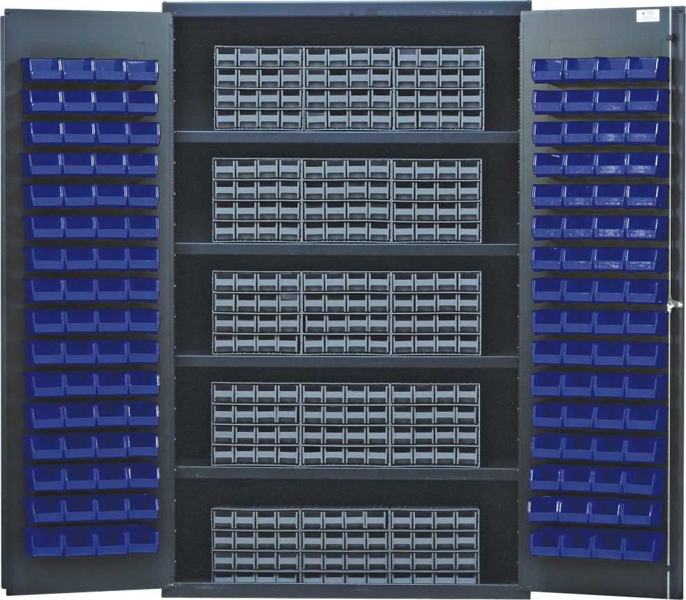 Gray 48 inch cabinet with louvered doors of blue bins and fifteen interlocking drawer cabinets inside
