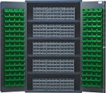 The Quantum Heavy-Duty 48 Bin Cabinet features open doors with rows of gray compartments and green bins. It is crafted from 14-gauge all-welded construction, measures 48W x 24D x 78H, and has a load capacity of 400 lb. per shelf to ensure sturdy organization with (4) shelves, (15) Interlocking drawers, and (128) bins.