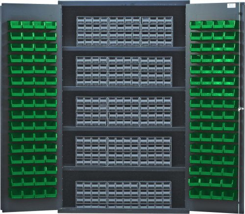 The Quantum Heavy-Duty 48 Bin Cabinet features open doors with rows of gray compartments and green bins. It is crafted from 14-gauge all-welded construction, measures 48W x 24D x 78H, and has a load capacity of 400 lb. per shelf to ensure sturdy organization with (4) shelves, (15) Interlocking drawers, and (128) bins.