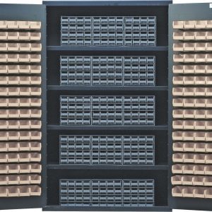 Explore the Quantum Heavy-Duty 48 Bin Cabinet featuring an all-welded 14 gauge construction. It includes four shelves, 15 gray interlocking drawers, and 128 ivory bins arranged on inner doors, with a load capacity of 400 lbs per shelf. Ideal for organizing small items or tools in a stylish gray finish.