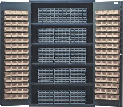 Explore the Quantum Heavy-Duty 48 Bin Cabinet featuring an all-welded 14 gauge construction. It includes four shelves, 15 gray interlocking drawers, and 128 ivory bins arranged on inner doors, with a load capacity of 400 lbs per shelf. Ideal for organizing small items or tools in a stylish gray finish.