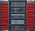 The Quantum Heavy-Duty 48 Bin Cabinet (48W x 24D x 78H) features a sturdy interior with four shelves, 15 gray interlocking drawers, and 128 red bins on the doors. Its 14 gauge all welded construction and powder-coated finish ensure durability for efficient storage.