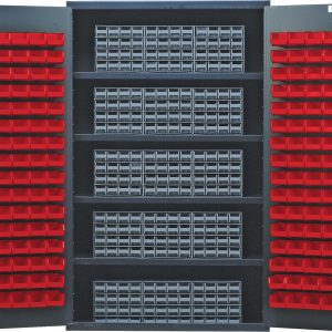 The Quantum Heavy-Duty 48 Bin Cabinet (48W x 24D x 78H) features a sturdy interior with four shelves, 15 gray interlocking drawers, and 128 red bins on the doors. Its 14 gauge all welded construction and powder-coated finish ensure durability for efficient storage.
