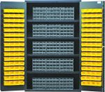 The Quantum Heavy-Duty 48 Bin Cabinet, measuring 48W x 24D x 78H, features open doors with 128 yellow bins and 15 gray drawers. Its robust 14-gauge all-welded construction supports a load capacity of up to 400 lbs per shelf, ideal for efficiently organizing various small items.