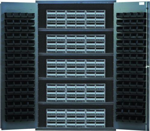 QSC-QIC64_BK.jpg The Quantum Heavy-Duty 48 Bin Cabinet features all-welded 14 gauge construction with (4) shelves and a 400 lb. load capacity per shelf. It includes (15) Qic-64 gray interlocking drawers and (128) Qus210 black bins, offering organized storage. Dimensions are 48W x 24D x 78H.