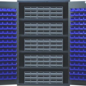 The Quantum Heavy-Duty 48 Bin Cabinet features 14-gauge all welded construction and measures 48W x 24D x 78H. With interlocking drawer storage and a load capacity of 400 lbs per shelf, it includes four shelves, (15) Qic-64 gray drawers, and (128) Qus210 blue bins for organizing small items efficiently.