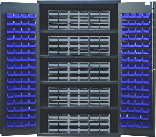 The Quantum Heavy-Duty 48 Bin Cabinet features 14-gauge all welded construction and measures 48W x 24D x 78H. With interlocking drawer storage and a load capacity of 400 lbs per shelf, it includes four shelves, (15) Qic-64 gray drawers, and (128) Qus210 blue bins for organizing small items efficiently.