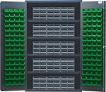 The Quantum Heavy-Duty 48 Bin Cabinet measures 48W x 24D x 78H and showcases two open doors with green bins. Inside, gray interlocking drawers sit on four shelves, each supporting up to 400 lbs. Its 14-gauge all-welded construction ensures durability, while the gray powder-coated finish adds a sleek touch.