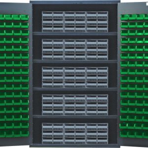The Quantum Heavy-Duty 48 Bin Cabinet measures 48W x 24D x 78H and showcases two open doors with green bins. Inside, gray interlocking drawers sit on four shelves, each supporting up to 400 lbs. Its 14-gauge all-welded construction ensures durability, while the gray powder-coated finish adds a sleek touch.