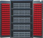 The Quantum Heavy-Duty 48 Bin Cabinet offers interlocking drawer storage with open doors revealing (15) Qic-64 gray drawers and (128) Qus210 red bins. It boasts a 14 gauge all-welded construction, ensuring durability while organizing items, featuring (4) shelves in a gray powder-coated finish.