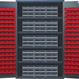 The Quantum Heavy-Duty 48 Bin Cabinet offers interlocking drawer storage with open doors revealing (15) Qic-64 gray drawers and (128) Qus210 red bins. It boasts a 14 gauge all-welded construction, ensuring durability while organizing items, featuring (4) shelves in a gray powder-coated finish.
