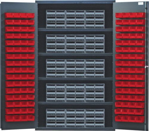 The Quantum Heavy-Duty 48 Bin Cabinet offers interlocking drawer storage with open doors revealing (15) Qic-64 gray drawers and (128) Qus210 red bins. It boasts a 14 gauge all-welded construction, ensuring durability while organizing items, featuring (4) shelves in a gray powder-coated finish.