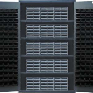The Quantum Heavy-Duty 48 Bin Cabinet features open doors revealing a grid of interlocking Qic-86 gray drawers and 128 black bins. With 14-gauge all welded construction for durability, its sized at 48W x 24D x 78H and has four shelves with a load capacity of 400 lbs each.