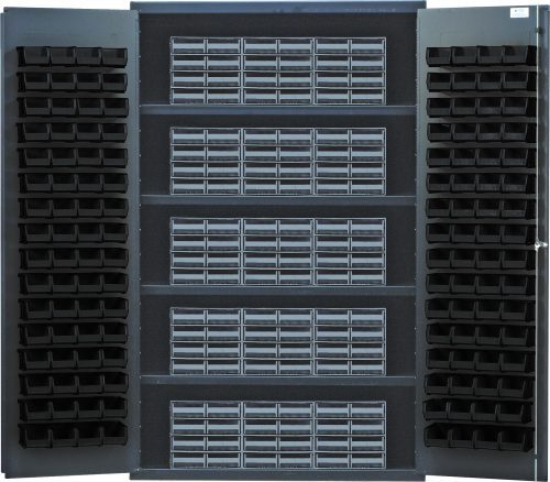 The Quantum Heavy-Duty 48 Bin Cabinet features open doors revealing a grid of interlocking Qic-86 gray drawers and 128 black bins. With 14-gauge all welded construction for durability, its sized at 48W x 24D x 78H and has four shelves with a load capacity of 400 lbs each.