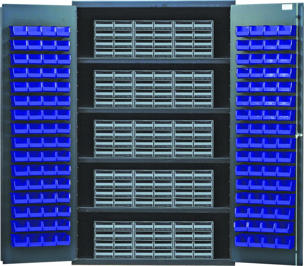 Gray bin cabinet with louvered door panels of blue bins and interlocking drawer cabinets on shelves