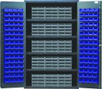 The Quantum Heavy-Duty 48 Bin Cabinet features open doors with rows of interlocking drawers and bins. It has four shelves, each with a 400 lb. load capacity, and includes 15 gray drawers and 128 blue bins for organized storage, all in a durable gray powder-coated finish.