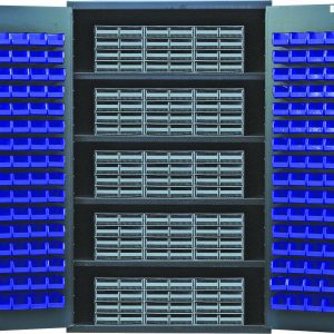 The Quantum Heavy-Duty 48 Bin Cabinet features open doors with rows of interlocking drawers and bins. It has four shelves, each with a 400 lb. load capacity, and includes 15 gray drawers and 128 blue bins for organized storage, all in a durable gray powder-coated finish.