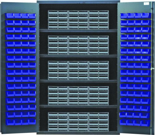 QSC-QIC83_BL.jpg The Quantum Heavy-Duty 48 Bin Cabinet features open doors with rows of interlocking drawers and bins. It has four shelves, each with a 400 lb. load capacity, and includes 15 gray drawers and 128 blue bins for organized storage, all in a durable gray powder-coated finish.