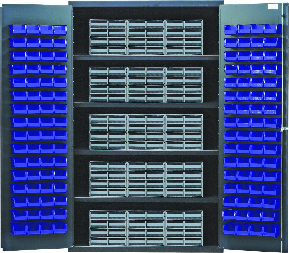Gray bin cabinet with louvered door panels of blue bins and interlocking drawer cabinets on shelves