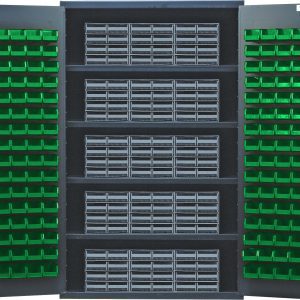 The Quantum Heavy-Duty 48 Bin Cabinet with interlocking drawer storage, measuring 48W x 24D x 78H and featuring a gray powder-coated finish, includes four shelves with a 400 lb. load capacity each, plus 128 green bins and 15 gray drawers—perfect for organizing small parts or tools efficiently.