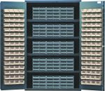 The Quantum Heavy-Duty 48 Bin Cabinet, measuring 48W x 24D x 78H, has a load capacity of 400 lb. per shelf. It features an all-welded construction with (4) shelves, (15) gray interlocking drawers filled with blue bins, and doors lined with (128) ivory bins for organization.