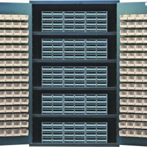The Quantum Heavy-Duty 48 Bin Cabinet, measuring 48W x 24D x 78H, has a load capacity of 400 lb. per shelf. It features an all-welded construction with (4) shelves, (15) gray interlocking drawers filled with blue bins, and doors lined with (128) ivory bins for organization.