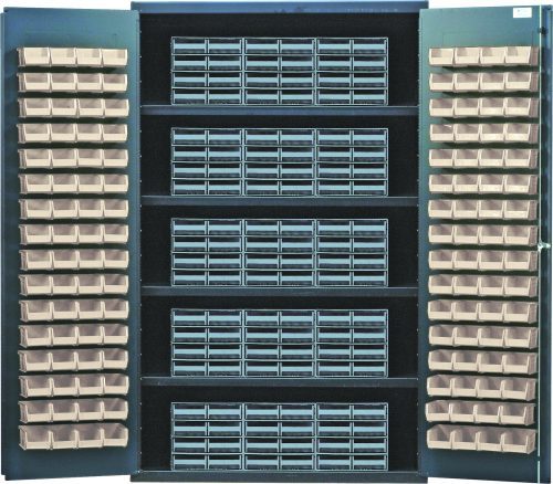 QSC-QIC83_IV.jpg The Quantum Heavy-Duty 48 Bin Cabinet, measuring 48W x 24D x 78H, has a load capacity of 400 lb. per shelf. It features an all-welded construction with (4) shelves, (15) gray interlocking drawers filled with blue bins, and doors lined with (128) ivory bins for organization.